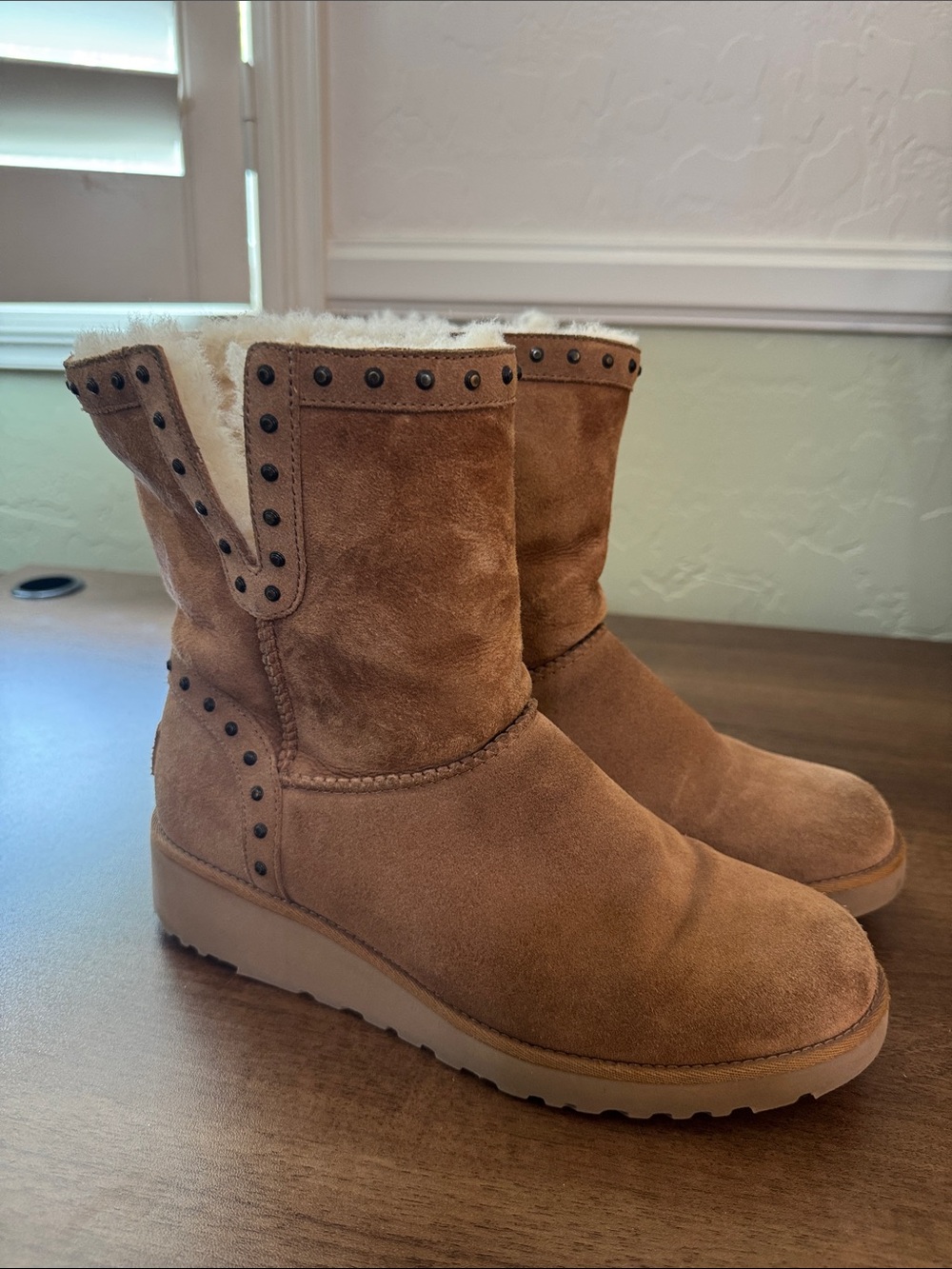 UGG Women’s Tan Suede Shearling-Lined Boots with Stud Detail, Sz. 8.5
